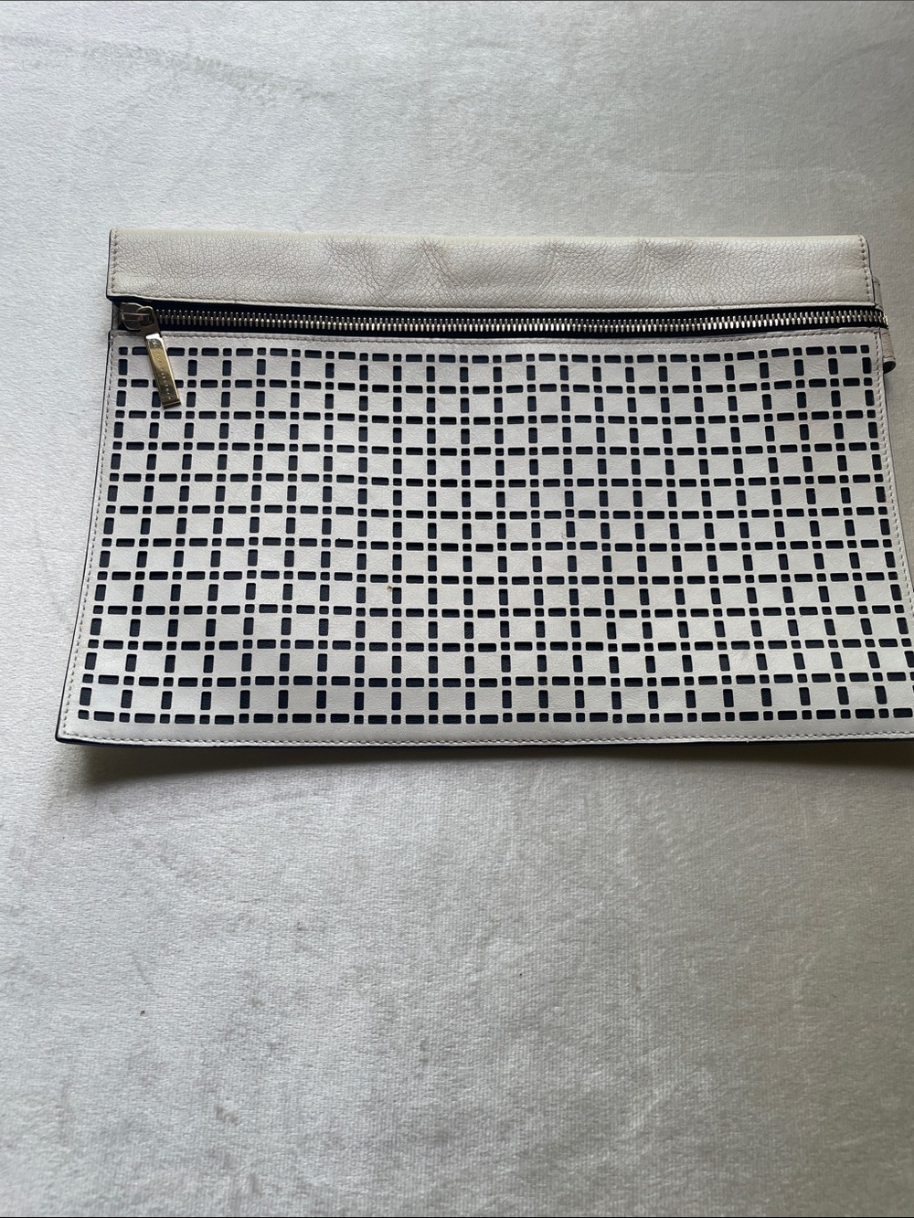 Victoria, Beckham White Laser-Cut Foldover Clutch with Black Underlay